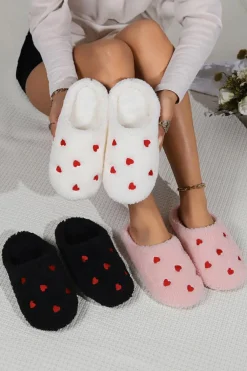 Discount Dear-Lover Heart Shape Embroidered Slip On Plush Slippers White