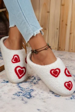 Online Dear-Lover Heart Shape Round Toe Plush Winter Slippers White