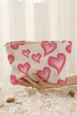 Best Dear-Lover Hearts Print Zipper Corduroy Large Cosmetic Bag White