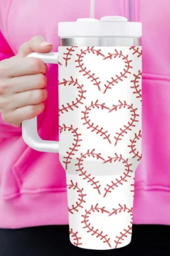 Fashion Dear-Lover Heart-shaped Baseball Stainless Thermos Cup with Handle 40oz White