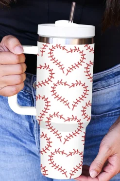 Fashion Dear-Lover Heart-shaped Baseball Stainless Thermos Cup with Handle 40oz White