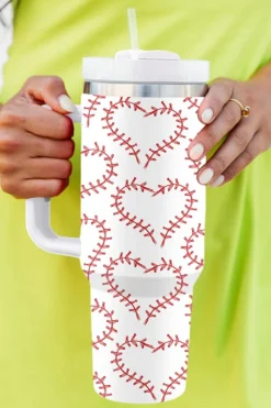 Fashion Dear-Lover Heart-shaped Baseball Stainless Thermos Cup with Handle 40oz White