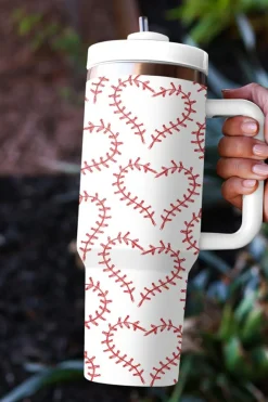 Fashion Dear-Lover Heart-shaped Baseball Stainless Thermos Cup with Handle 40oz White