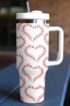 Fashion Dear-Lover Heart-shaped Baseball Stainless Thermos Cup with Handle 40oz White