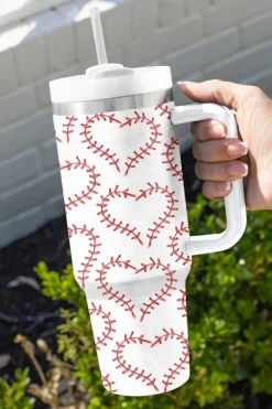 Fashion Dear-Lover Heart-shaped Baseball Stainless Thermos Cup with Handle 40oz White