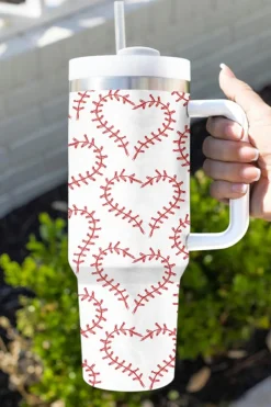 Fashion Dear-Lover Heart-shaped Baseball Stainless Thermos Cup with Handle 40oz White