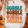 Clearance Dear-Lover Heat Transfer GOBBLE Graphic Crewneck Thanksgiving T Shirt White