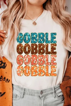 Clearance Dear-Lover Heat Transfer GOBBLE Graphic Crewneck Thanksgiving T Shirt White