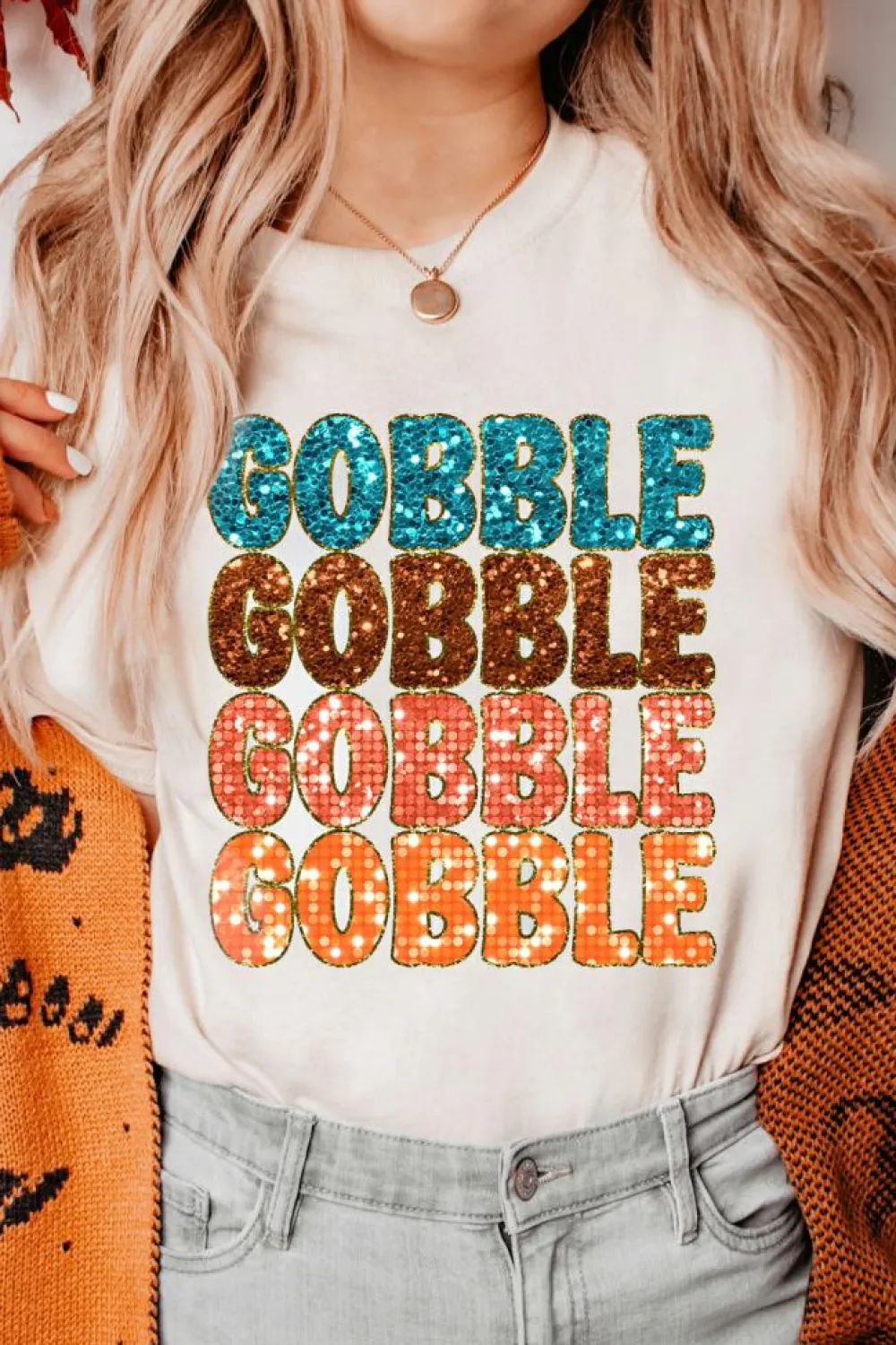 Clearance Dear-Lover Heat Transfer GOBBLE Graphic Crewneck Thanksgiving T Shirt White