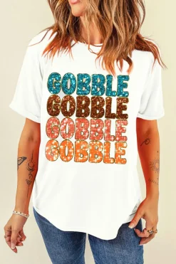 Clearance Dear-Lover Heat Transfer GOBBLE Graphic Crewneck Thanksgiving T Shirt White