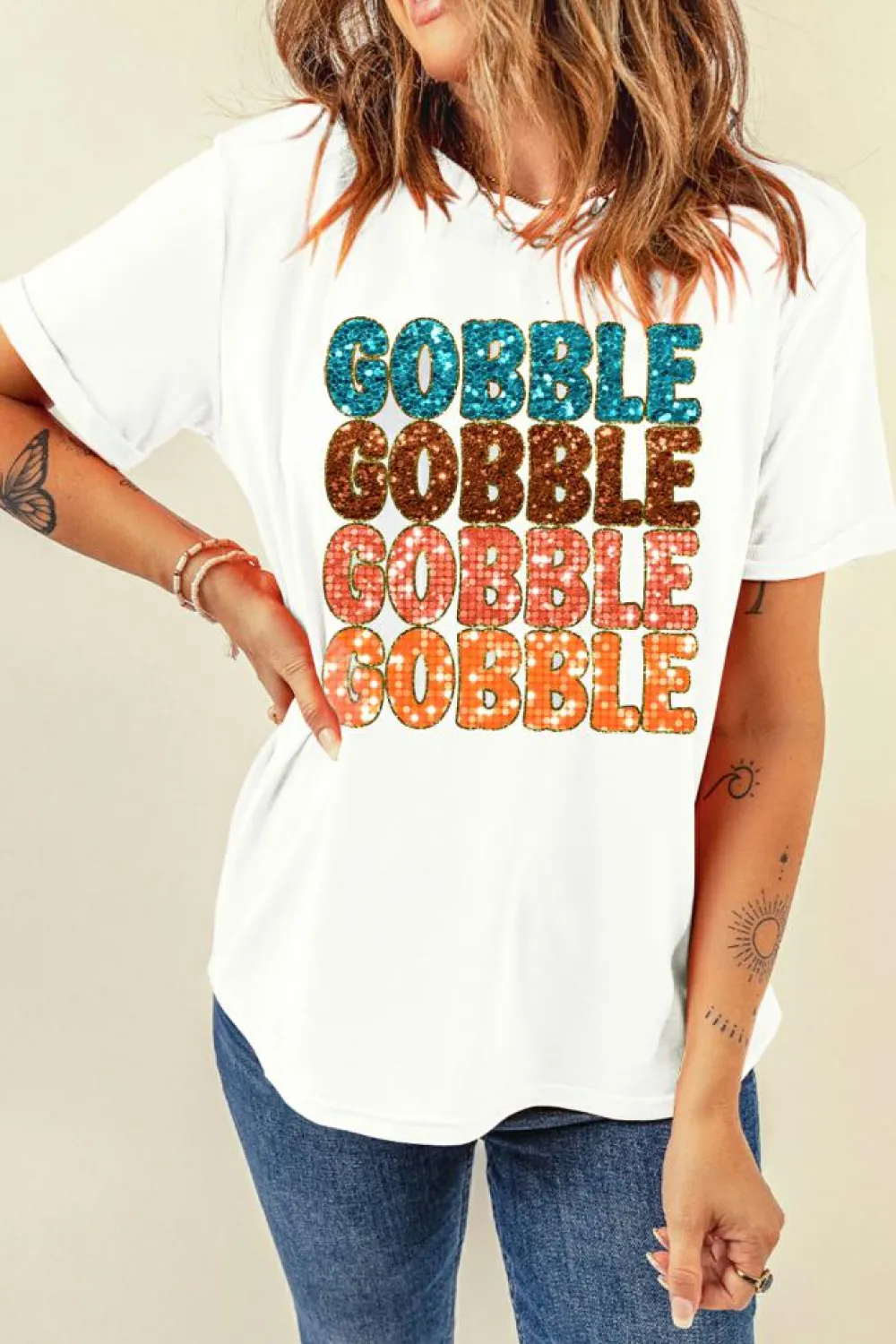 Clearance Dear-Lover Heat Transfer GOBBLE Graphic Crewneck Thanksgiving T Shirt White