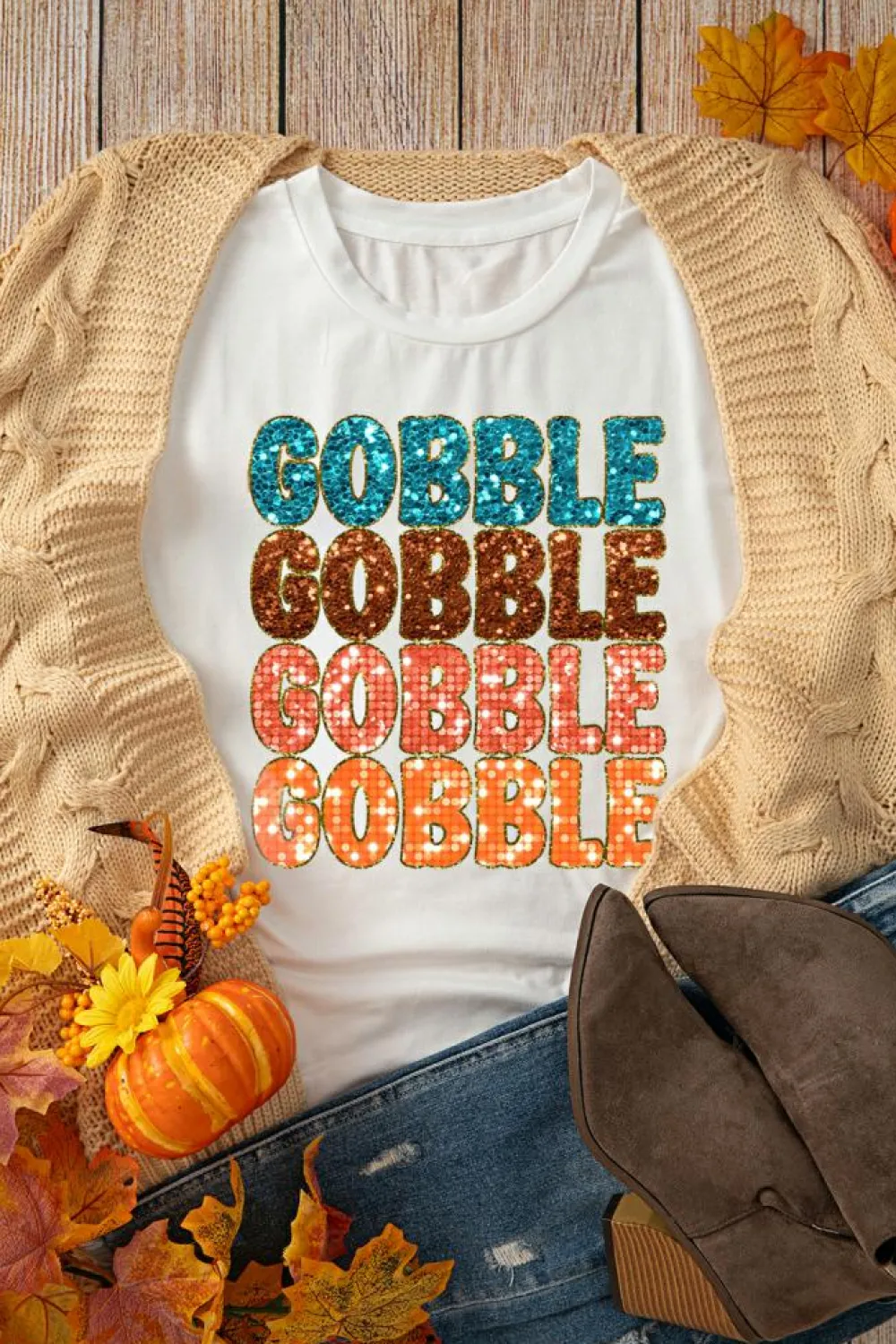 Clearance Dear-Lover Heat Transfer GOBBLE Graphic Crewneck Thanksgiving T Shirt White