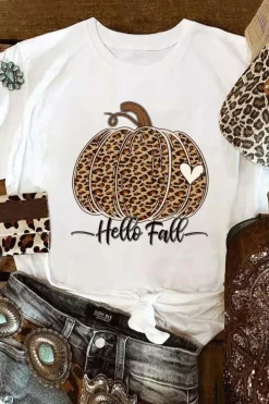 Sale Dear-Lover Hello Fall Leopard Pumpkin Graphic T Shirt White