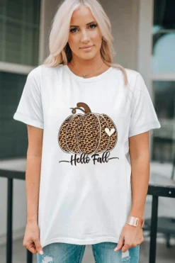 Sale Dear-Lover Hello Fall Leopard Pumpkin Graphic T Shirt White