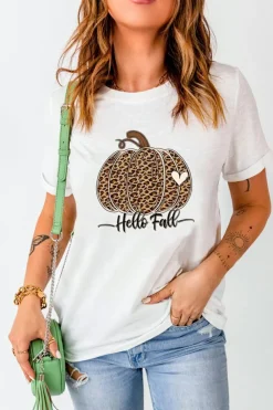 Sale Dear-Lover Hello Fall Leopard Pumpkin Graphic T Shirt White