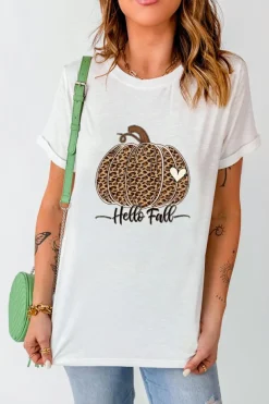 Sale Dear-Lover Hello Fall Leopard Pumpkin Graphic T Shirt White