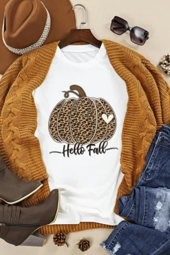 Sale Dear-Lover Hello Fall Leopard Pumpkin Graphic T Shirt White