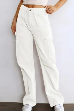 Sale Dear-Lover High Waist Straight Leg Cargo Pants with Pockets White
