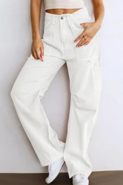 Sale Dear-Lover High Waist Straight Leg Cargo Pants with Pockets White