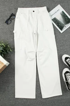 Sale Dear-Lover High Waist Straight Leg Cargo Pants with Pockets White