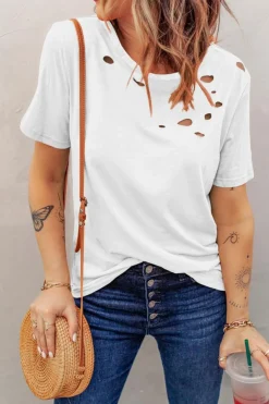 Hot Dear-Lover Holes Crew Neck Cotton Mixed T-shirt White