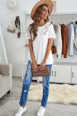 Hot Dear-Lover Holes Crew Neck Cotton Mixed T-shirt White