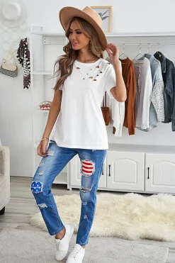 Hot Dear-Lover Holes Crew Neck Cotton Mixed T-shirt White
