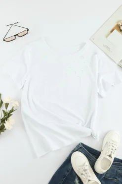 Hot Dear-Lover Holes Crew Neck Cotton Mixed T-shirt White