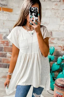Outlet Dear-Lover Hollow Knit Splicing Keyhole Back Tunic Top White