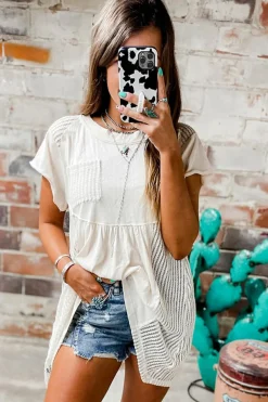 Outlet Dear-Lover Hollow Knit Splicing Keyhole Back Tunic Top White