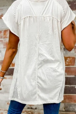 Outlet Dear-Lover Hollow Knit Splicing Keyhole Back Tunic Top White