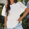 Sale Dear-Lover Hollow Out Embroidered Short Sleeve O Neck Top White