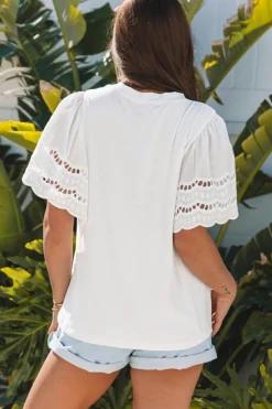 Sale Dear-Lover Hollow Out Embroidered Short Sleeve O Neck Top White