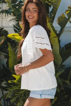 Sale Dear-Lover Hollow Out Embroidered Short Sleeve O Neck Top White