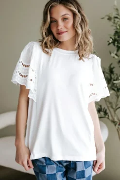 Sale Dear-Lover Hollow Out Embroidered Short Sleeve O Neck Top White