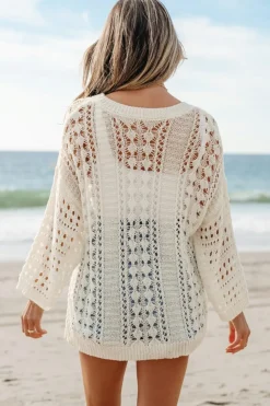 New Dear-Lover Hollow Out Knit Bracelet Sleeve Drop Shoulder Sweater White