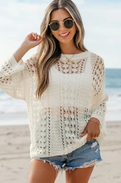 New Dear-Lover Hollow Out Knit Bracelet Sleeve Drop Shoulder Sweater White