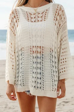 New Dear-Lover Hollow Out Knit Bracelet Sleeve Drop Shoulder Sweater White