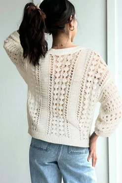 New Dear-Lover Hollow Out Knit Bracelet Sleeve Drop Shoulder Sweater White
