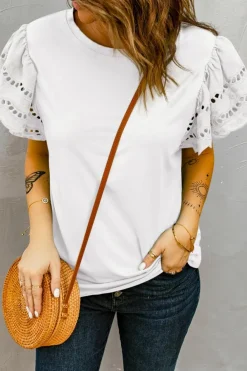 Fashion Dear-Lover Hollow Out Ruffle Sleeve T-shirt White