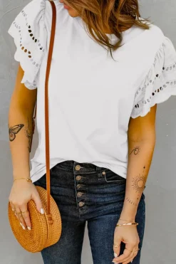 Fashion Dear-Lover Hollow Out Ruffle Sleeve T-shirt White