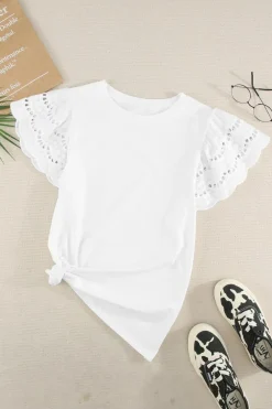 Fashion Dear-Lover Hollow Out Ruffle Sleeve T-shirt White