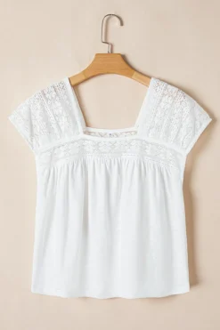 Best Dear-Lover Hollowed Lace Patchwork Square Neck Short Sleeve Blouse White