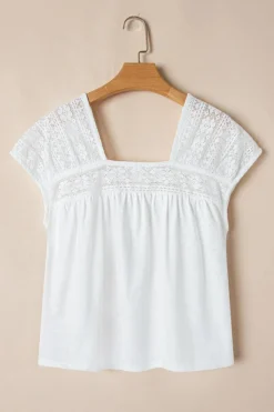 Best Dear-Lover Hollowed Lace Patchwork Square Neck Short Sleeve Blouse White