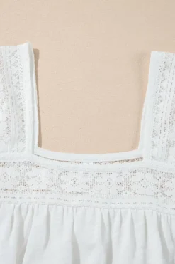 Best Dear-Lover Hollowed Lace Patchwork Square Neck Short Sleeve Blouse White