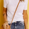 Discount Dear-Lover Hollow-out Knitted Short Sleeve T Shirt White