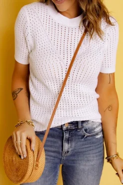 Discount Dear-Lover Hollow-out Knitted Short Sleeve T Shirt White