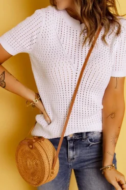 Discount Dear-Lover Hollow-out Knitted Short Sleeve T Shirt White