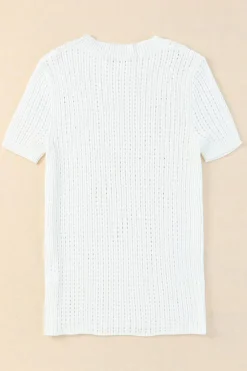 Discount Dear-Lover Hollow-out Knitted Short Sleeve T Shirt White