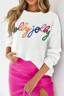 Sale Dear-Lover Holly Jolly Round Neck Casual Sweater White